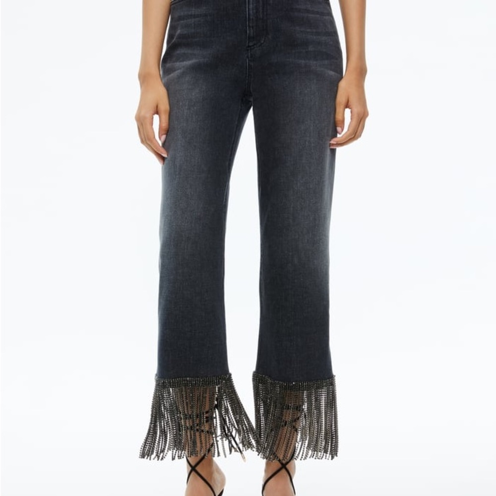 Alice + Olivia Rhinestone Fringe Boyfriend Cut Jeans in Charcoal
